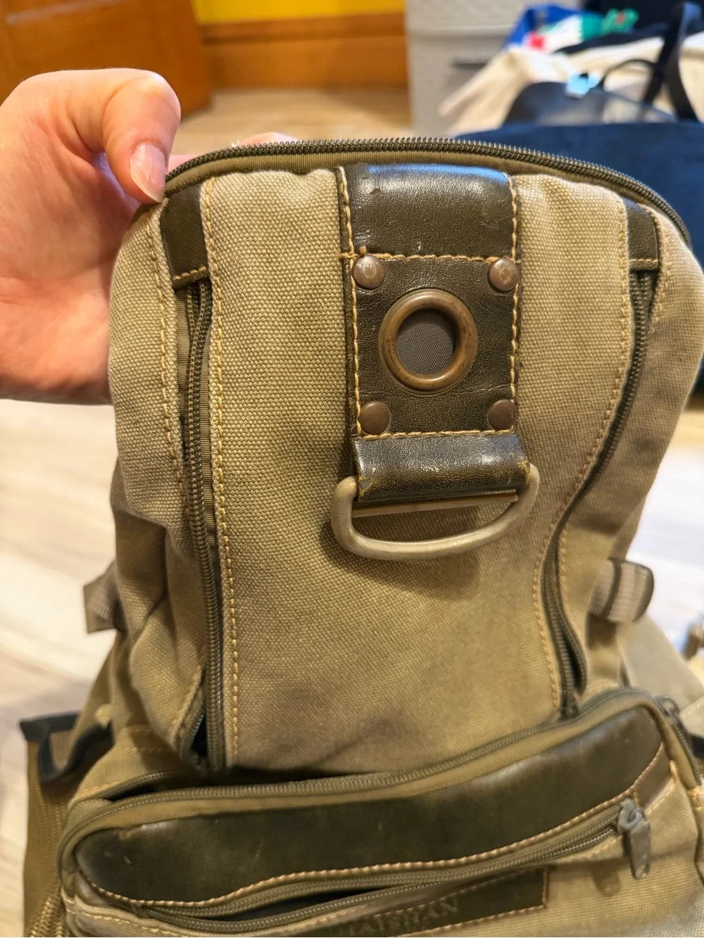 HAISHAN Sport Canvas & Leather Backpack in Olive with Dark Brown Accents